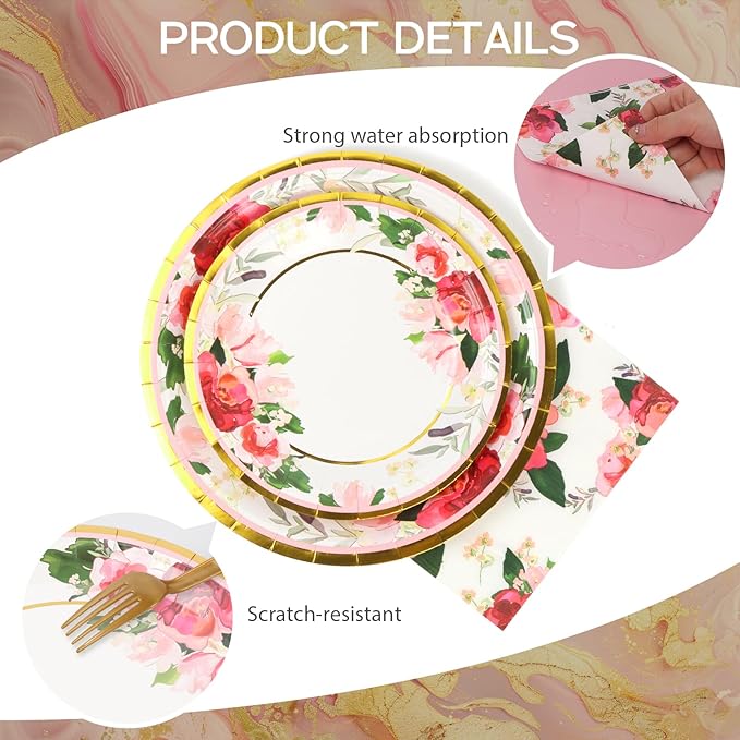 168Pcs Paper Plates Floral Rose Gold Party Plates and Napkins Vintage Flower Disposable Tableware Serve for 24 Bridal Shower Wedding Baby Shower Tea Party Supplies Decorations