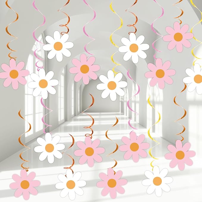 60pcs Pink Daisy Flower Hanging Swirls Pink Daisy Foil Swirls Ceiling Hanging Banner Decor Flower Cutouts Party Supplies for Boho Hippie Groovy Retro Themed Birthday Baby Shower Party Favor