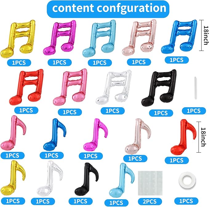 TONIFUL 18Pcs Rainbow Music Balloons Music Notes Party Decorations Music Themed Party Supplies Music Note Aluminum Foil Balloons For Birthday Baby Shower Celebrations Outdoor Party