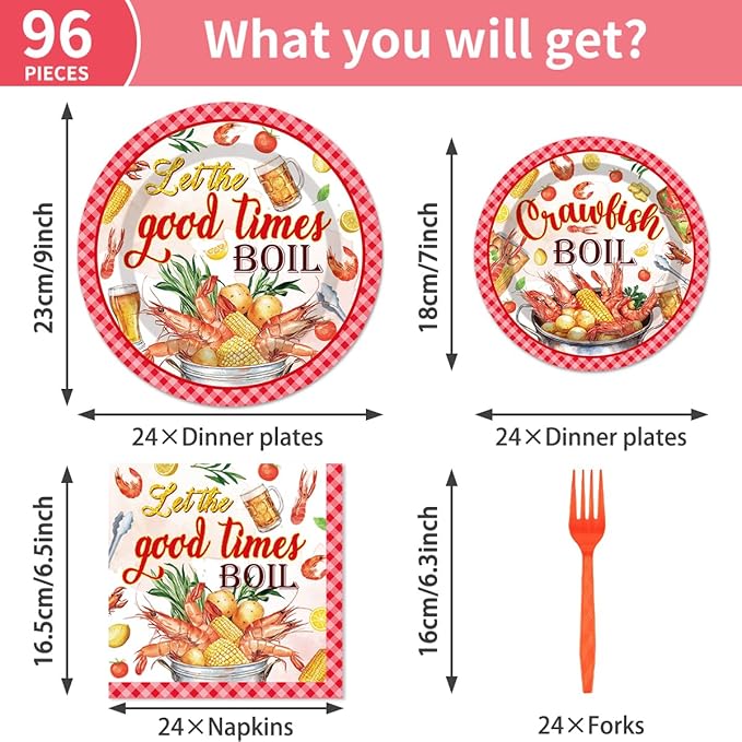 96Pcs Crawfish Boil Party Supplies Tableware Set Let The Good Times Boil Paper Plates Napkins Forks Lobster Seafood Boil Birthday Theme Party Supplies Serve 24 Guests
