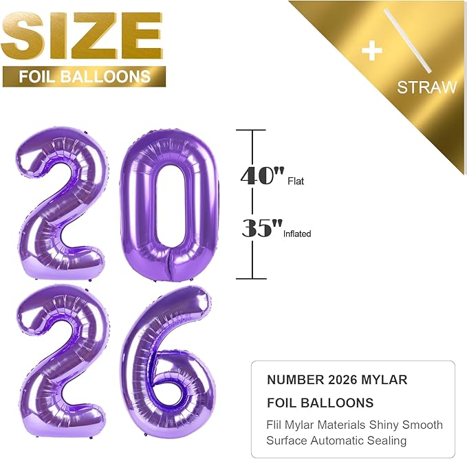 Purple 2026 Number Balloons, 40 Inch Balloon, New Years Eve Decorations, Balloons for New Years Eve Party Supplies 2026, Graduation Decoration, 2 6 20 26 Birthday Parties