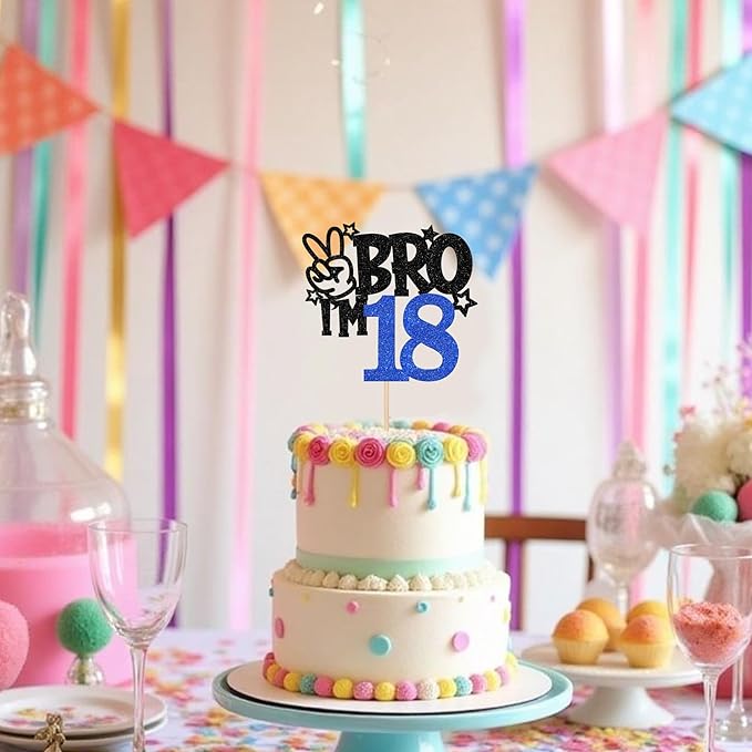 1 PCS Brother I'm 18 Cake Topper Glitter Star Happy 18th Birthday Cake Pick Bro I'm 18 Cake Decoration It's My 18th Birthday Decorations for Boys Cheers to 18 Years Old Birthday Party Supplies Blue