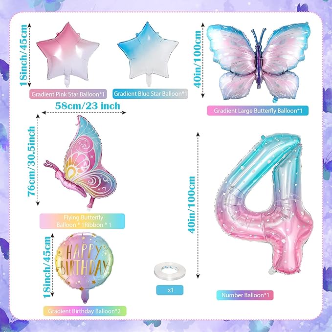 Butterfly Balloons 4th Birthday Decorations for Girls - Gradient Pink Colorful Foil Balloons, Giant Number 4 Foil Mylar Balloon, Butterfly Theme Birthday Party Supplies