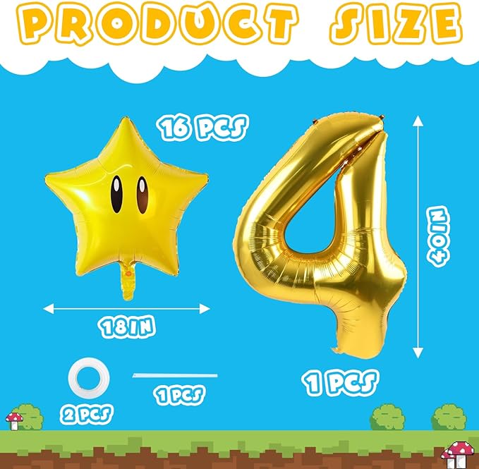 16PCS Foil Star Balloons, 40Inch Number 4 and Star Foil Balloons For Game Theme 4th Birthday Party Decorations Children Party Supply Party Decor (4th)