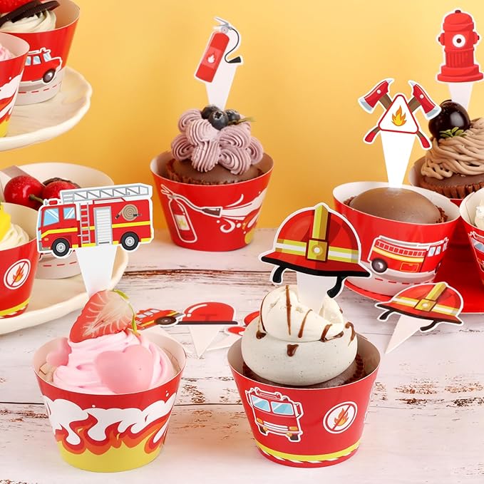 48 Pack Fire Truck Cupcake Toppers and Wrappers, Firefighter Fireman Party Cake Decoration for Firefighting Theme Birthday Party Baby Shower Supplies