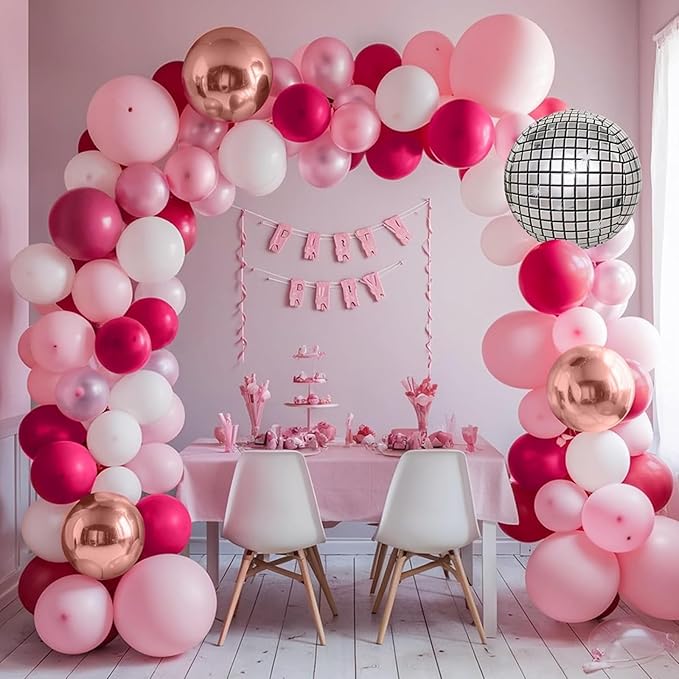 Pink Balloon Garland Arch Kit, Hot Pink Rose Gold White Balloons with Disco Ball Balloons for Girls Birthday Princess Party Background Wedding Baby Shower Decorations