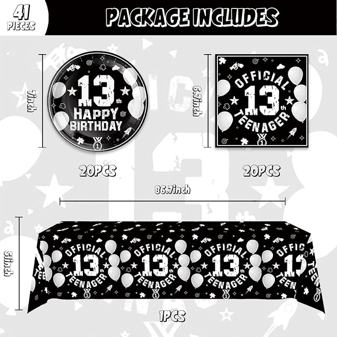 41pcs 13th Party Supplies - 20 Dessert Plates, 20 Napkins, 1 Tablecloth for Black Silver Birthday Party Decoration