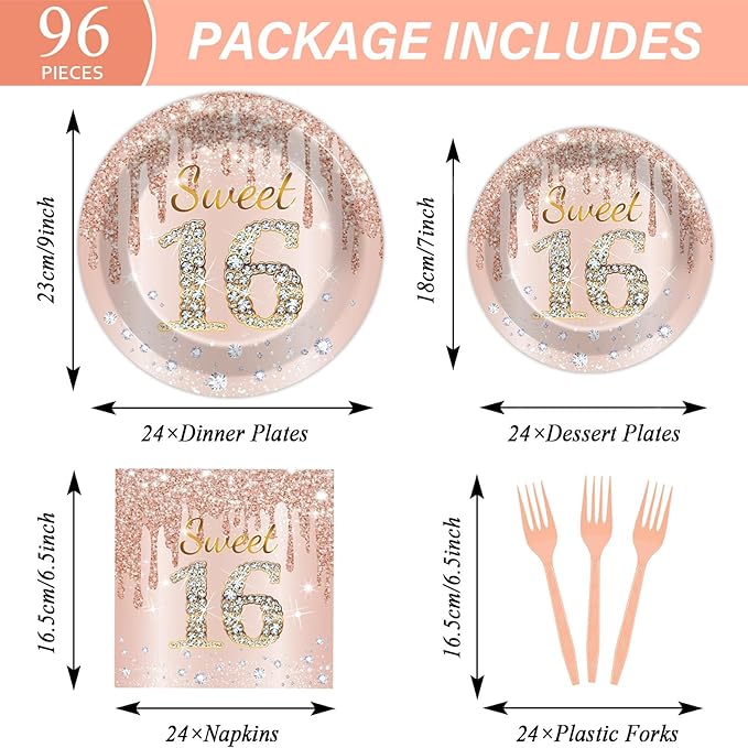 96PCS Rose Gold Sweet 16th Birthday Party Paper Plates and Napkins Sixteenth Birthday Party Decoration 16 Years Old Disposable Cake Dessert Tableware Set Serves 24 Guests Girls Ladies Supplies Favor