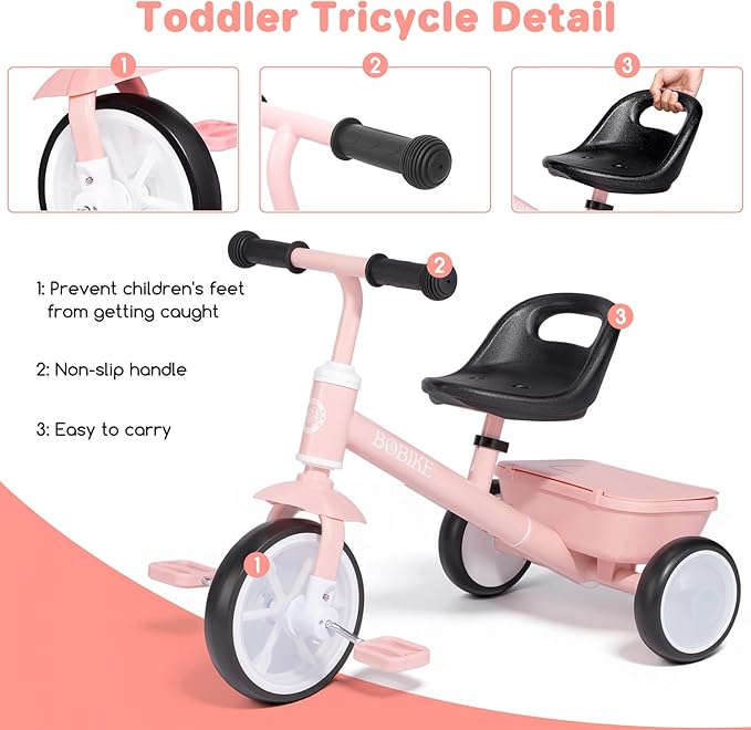 Bobike Toddler Tricycle for Ages 2-5 Years, Tricycle with 2 LED Light Wheels, Toddler Bike with 3-Position Seat and Rear Basket, Kids Bike Gift for Boys & Girl (Pink)