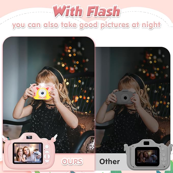 Kids Camera with Flashlight & 2.4in Screen, 1080P Dual Lens Toddler Camera- Christmas Birthday Gift for 3-12 Year Old Girls Boys, Kids Digital Camera with 32GB Card & Shockproof Case