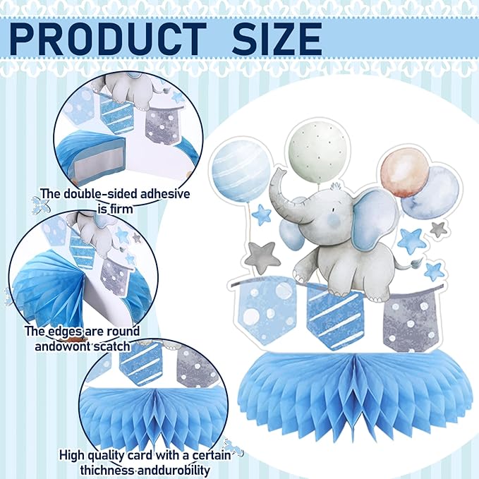 12 Pcs Blue Elephant Honeycomb Baby Shower Decorations Table Centerpieces Balloons Star Moon Elephant Table Topper Decoration for Gender Reveal Birthday Party Favors Supplies