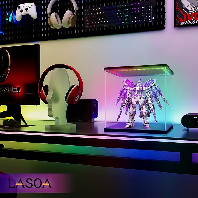 LASOA Acrylic Display Case with RGBW Color Changing LED Light, Clear Display Box for Action Figures and Collectibles, Self-Assembly Dustproof Showcase with Black Base, 7.9x7.9x7.9inch