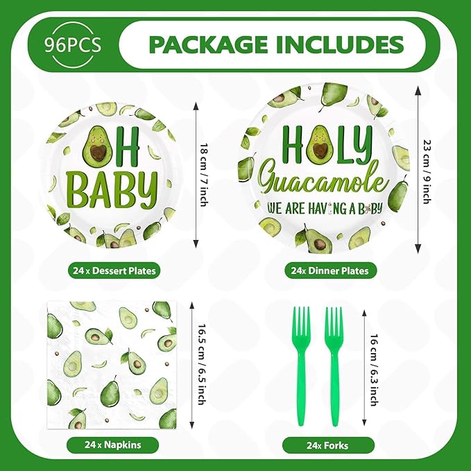 96Pcs Avocado Baby Shower Decorations Baby On The Way Plates and Napkins Disposable Green Holy Guacamole Themed Tableware for Baby Avocado Baby Shower Gender Reveal Party Supplies Serves 24
