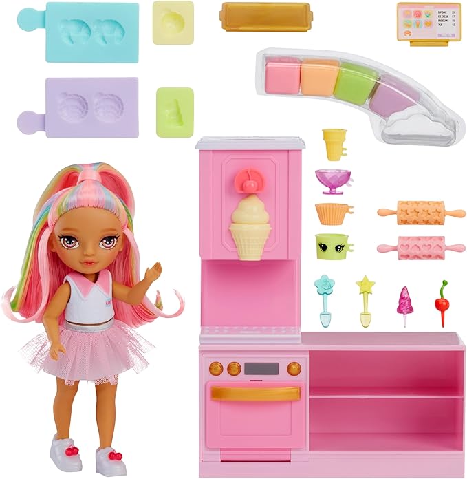 Rainbow High Littles Dessert Shop Playset + Small Doll (Pink 5.5”), Make Ice Cream and Sweets, Kids Gift 4+