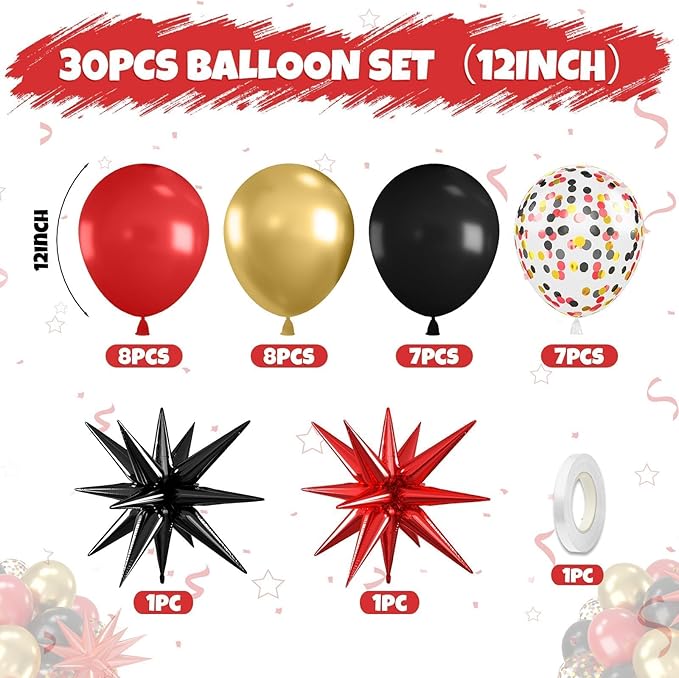 Red Black and Gold Balloons, 12 Inch Red Metallic Gold Black Confetti Balloons with Star Foil Balloon for New Years Party Casino Night Movie Night Birthday Baby Shower Decorations