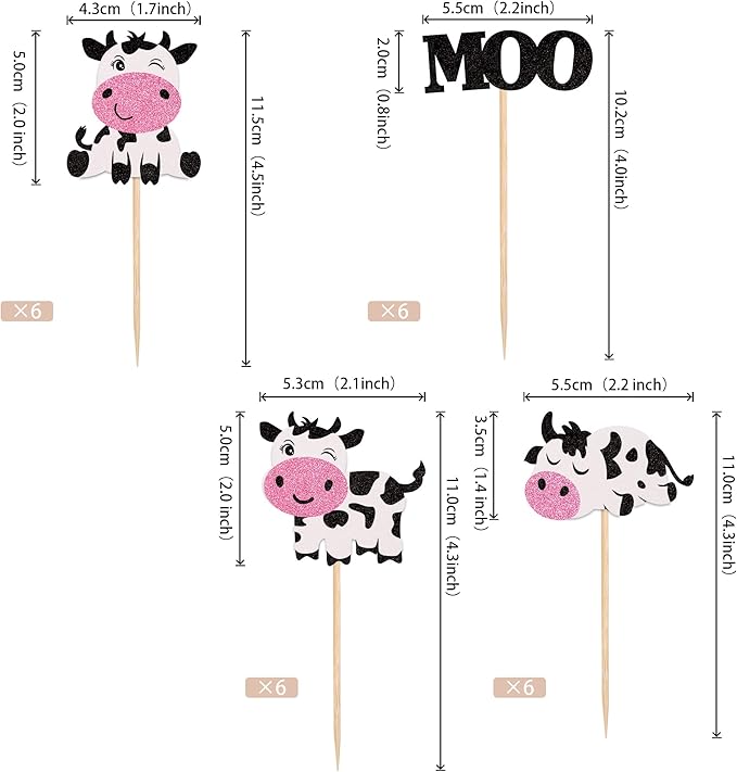 24 PCS Cow Cupcake Toppers Glitter Farm Animals Moo Cupcake Picks Cow Theme Baby Shower Kids Birthday Party Cake Decorations Supplies