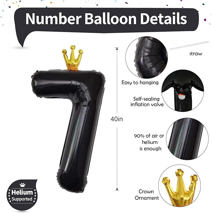 Black Crown Number 7 Balloon, 40 Inch Number 0-9 Set for Men 70th Birthday, Foil Helium Self Inflating Large Balloons for Girls 7th Birtyday Party Decor Anniversary Graduation for Boys Supplies