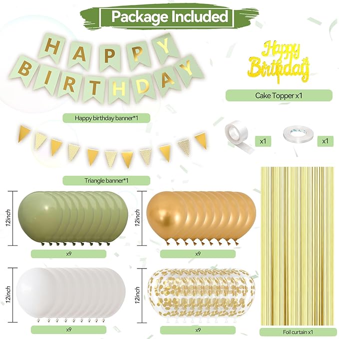Sage Green Birthday Decorations, Green And Gold Happy Birthday Party Decorations, Olive Green White Gold Confetti Balloons Fringe Curtain Banner Cake Topper For Boy Girl Man Women Party Supplies