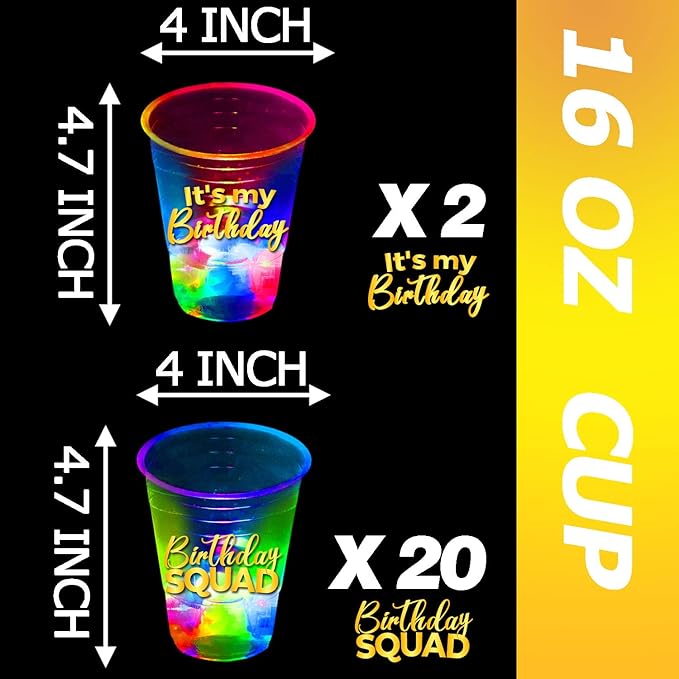mishunyus 24 Pack Glow Birthday Squad Cups 16oz - Reusable Light Up Party Cups for Adult Birthdays 21st, 30th, 40th, 50th, 60th Theme Decorations Supplies, Night Club Party Favors