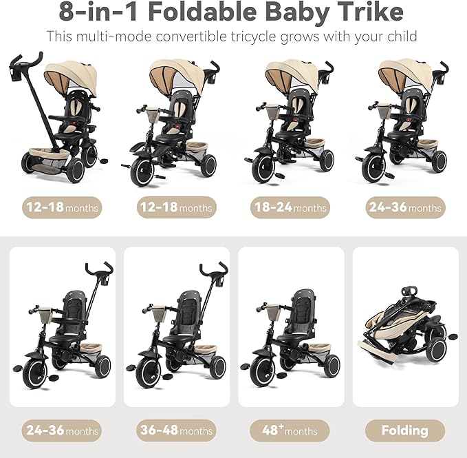 8 in 1 Kids Tricycle, Folding Toddler Tricycle w/Reversible Seat, Adjustable Push Rod & Canopy, Baby Trike Toddler Bike w/Bell, 5-Point Harness, Extra Storage, Cup Holder, Khaki
