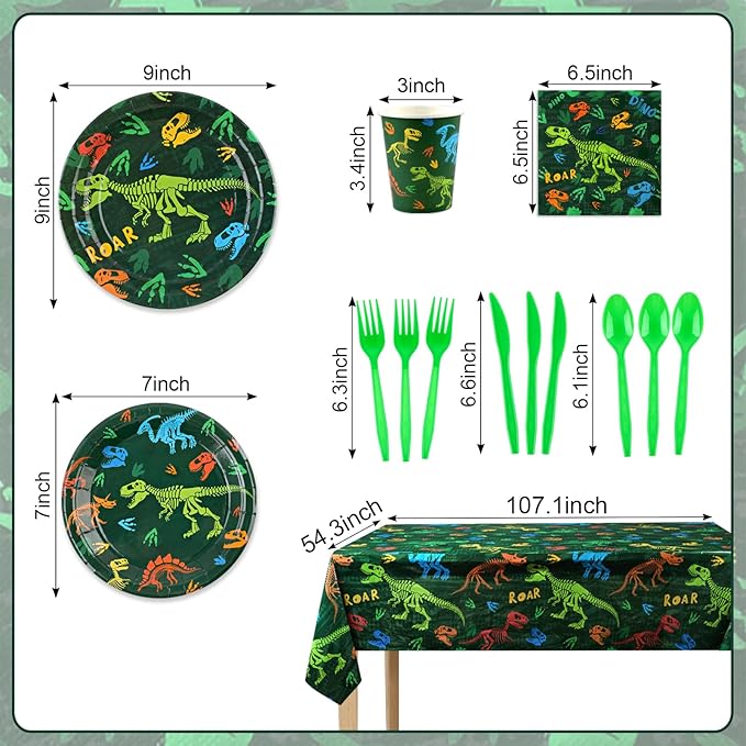 352pcs Dinosaur Birthday Party Decorations For Boys, Dinosaur Themes Birthday Party Supplies Serve 50 with Disposable Plates,Napkins,Cups,Cutlery Set, ,Tablecloth