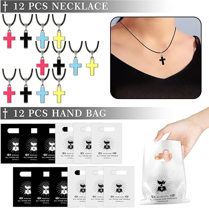 98 PCS Bible Verse Party Favors, Jesus Party Favors Cross Necklace Goodie Bags with Stickers, Rubber Bracelets, Button Pins and Bags for Christian Gathering Party Supplies Decorations