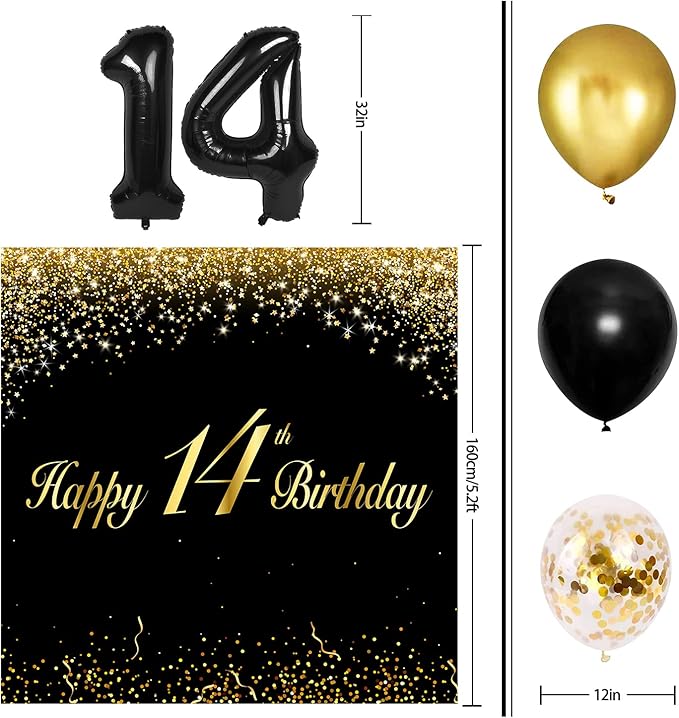 Happy 14th Birthday Balloons Black Set Decor - Cheers to 14 Years Old Party Theme Garland Banner Backdrop Decorations For Boy and Girl Supplies