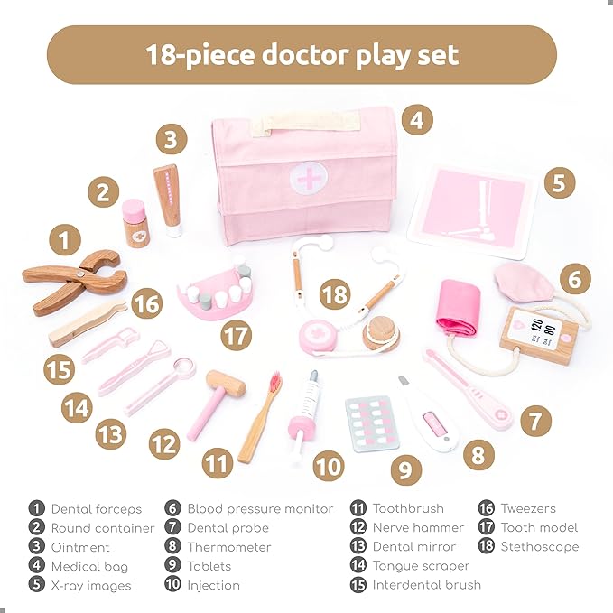 UMU® Wooden Doctor Kit for Kids – 18 pcs Doctor and Dentist Play Set for Toddlers with Stethoscope, Syringe, Tooth Model & More – Medical Pretend Play Toy for Girls Ages 3 4 5 6