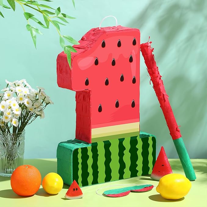 Watermelon Piñata Fruit Number 1 Red Watermelon 1st Birthday Piñata with Bat Stick Blindfold Mask Confetti for Summer Theme Summer Birthday Party Supplies (1)