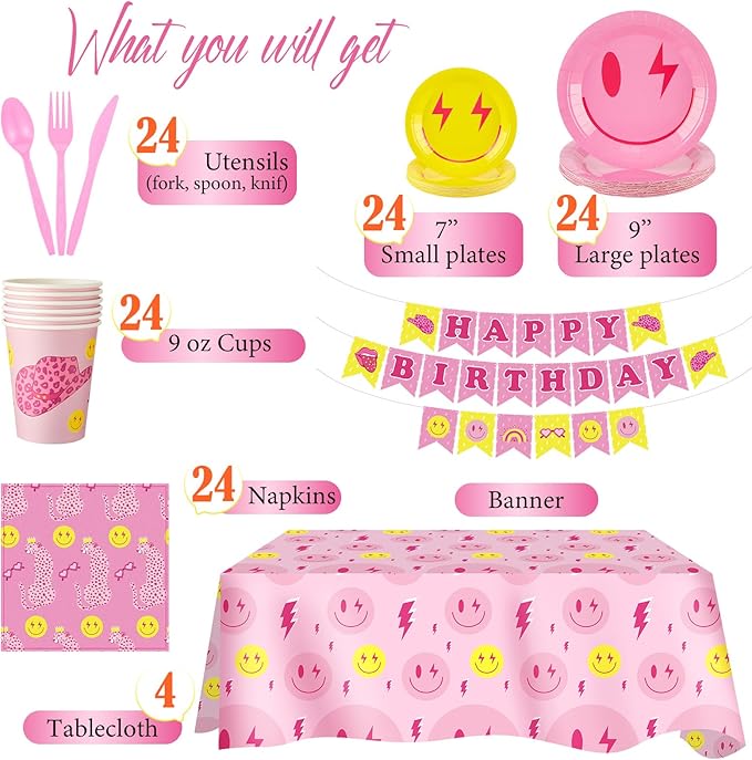 Dandat 175 Pcs Pastel Birthday Plates and Napkins Preppy Party Decorations Macaron Smile Happy Birthday Banner Supplies Serves 24 Guests Tableware Paper Plates Napkins Cups Tablecloths(Adorable)