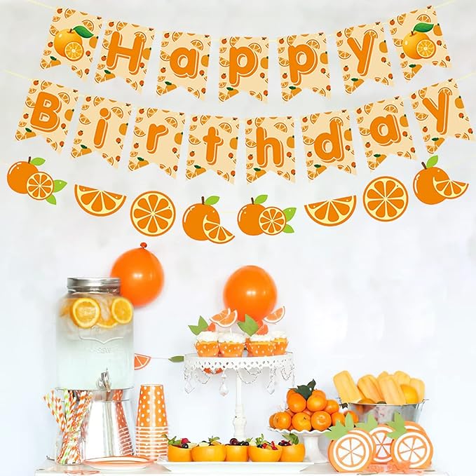 Zwiebeco Orange Happy Birthday Party Decorations Sign Banner Bunting Garland Hanging Paper Kit for Girl Women Kid Adult Summer Fruit Themed Accessories Supplies