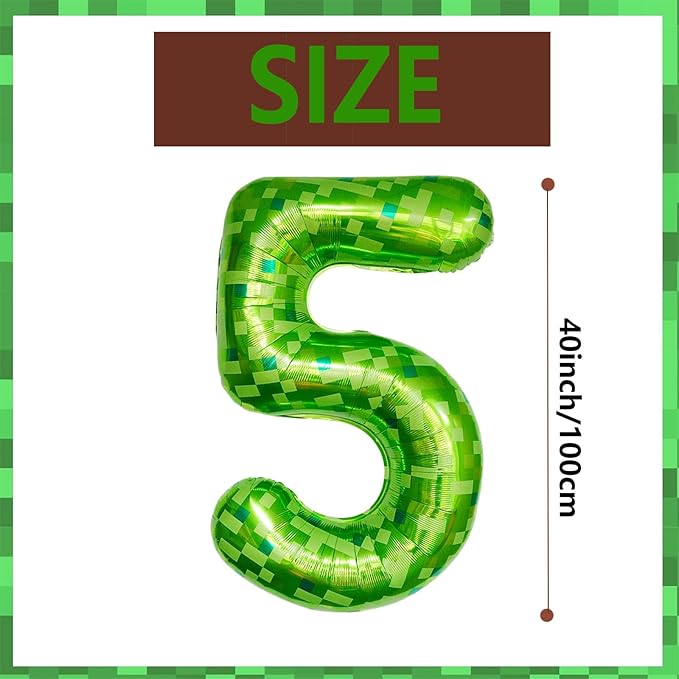 40 Inch Green Pixel Miner Number 5 Foil Balloons Large Mylar Mining Theme 5th Number Balloon Video Game Birthday Decorations Pixel Game Party Supplies