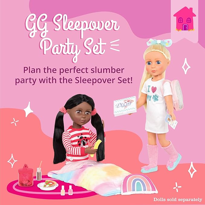 Glitter Girls – 14-Inch Doll Accessories – Sleepover Party & Backpack Set – Tie – Dye Sleeping Bag, Rainbow Pillow & Pizza Play Food – 3+ Years– Children’s Toys