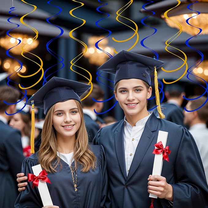Ceiling Swirl Foil Decorations Hanging Plastic Streamer Themed Swirl Party for Graduation Celebration, Pack of 28 (Blue and Gold)