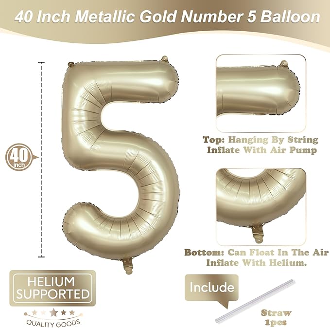 Metallic Gold 5 Balloons, 40 Inch Giant Light Gold Mylar Foil Number 0-9 Helium Balloon for Girls Boys, Self Inflating Champagne 5th Birthday Balloon for Women Anniversary Party Decorations Supplies