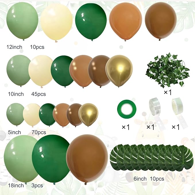 142pcs Jungle Safari Wild One Balloon Arch Kit, Sage Green and Brown Balloon Garland with Palm Leaves for Woodland Tropical Shower Birthday Jungle Party Decoration