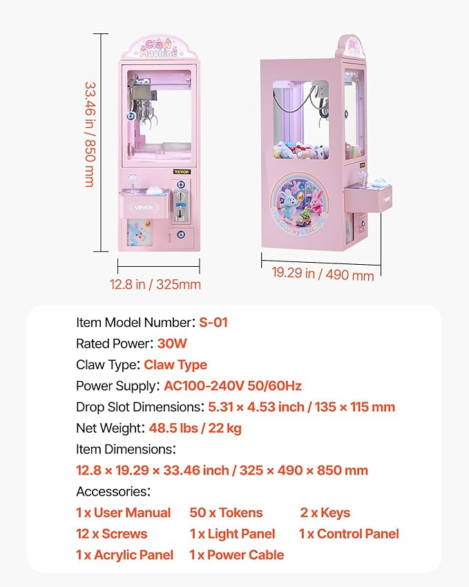 VEVOR Claw Crane Machine, Medium-Sized Arcade Game Machine with Light & Sound, Adjustable Steel Claws, Precise Toy Candy Grabber Prize Dispenser Vending Toy, for Commercial Home Parties Cinema, Pink