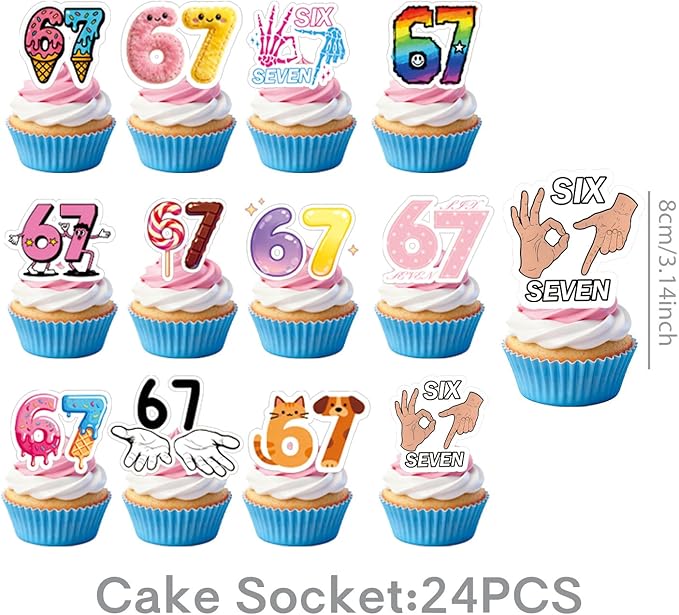 6 7 Birthday Decorations, 6 7 Meme Six Seven Themed party supplies Include Happy Birthday Banner, Balloons, Cake Toppers and Cupcake Toppers for Boy Girl Party Decor
