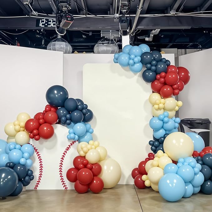 Baseball Theme Balloon Garland Arch Kit, Navy Blue Red Nude Light Dark Blue Balloon Arch with Baseball Glove Foil Balloons for Boys Baseball Themed Birthdays Party Baby Shower Decorations