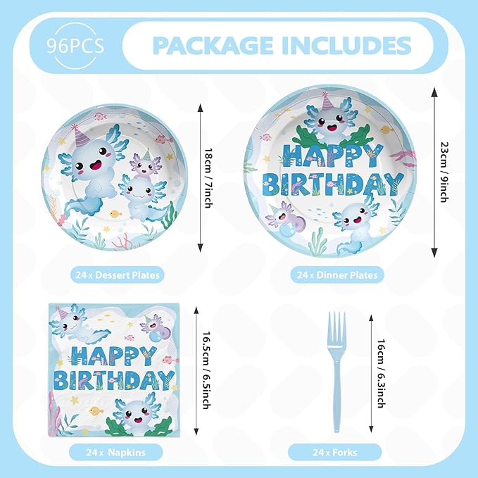 Grencian 96 Pcs Axolotl Birthday Party Supplies Blue Cartoon Axolotl Plates and Napkins Disposable Reptile Animals Tableware Set Axolotl Party Decorations Favors for Kids Boy Baby Shower Serves 24