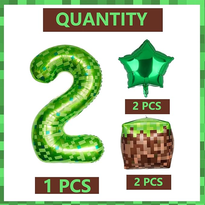 40 Inch Green Pixel Miner Number 2 Foil Balloon Set 5Pcs Large Mylar Mining Theme 2nd Number Balloons Pixel Cubes Video Game Birthday Party Decorations