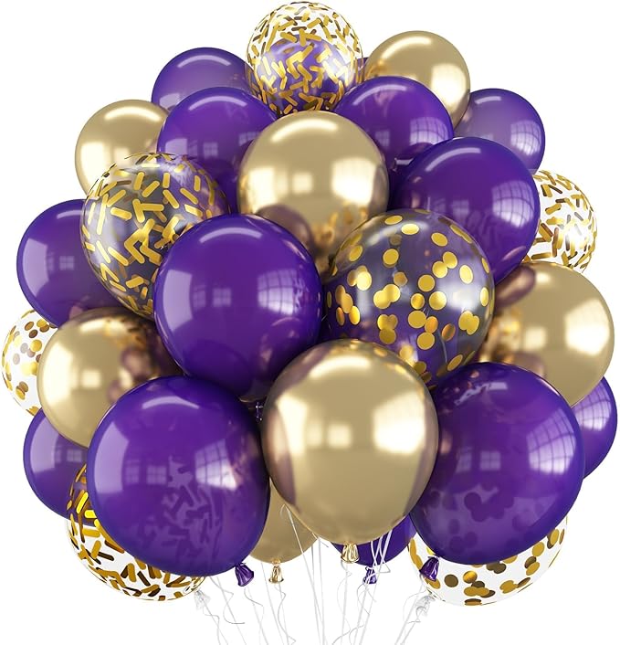 Purple and Gold Balloons, 60 Packs 12 Inch Dark Purple and Gold Confetti Metallic Party Balloons with Ribbons for Girls Women Birthday, Wedding, Graduation Decoration