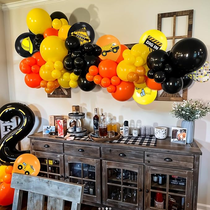 Construction Balloons, 12 Inch Black Yellow Orange Truck Printed Confetti Excavator Balloons for Boy Construction Birthday Party Supplies Excavator Baby Shower Truck Themed Party Decoration Backdrop
