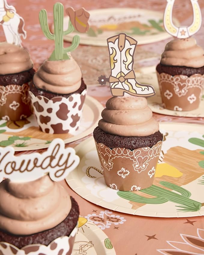 xo, Fetti Western Cupcake Liners + Toppers - Set of 24 | Rodeo Birthday Cake Decoration, Hoedown Bachelorette Food Accessory, Kids Party Supplies