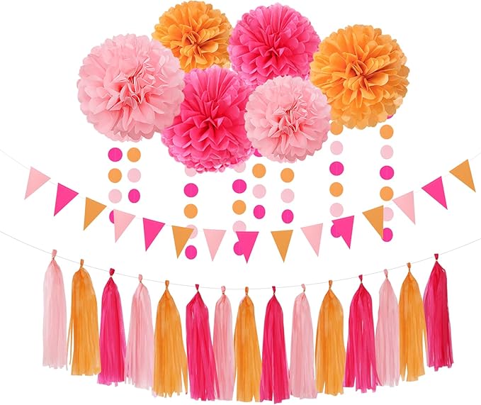 Hot-Pink Burnt-Orange Fall Party Decorations - 23pcs Birthday Baby Shower Tissue Pom Poms Streamers,Sunset Autumn Thanksgiving Tassel Garland Banner,Bridal Wedding Graduation Decor Backdrop Ouruola