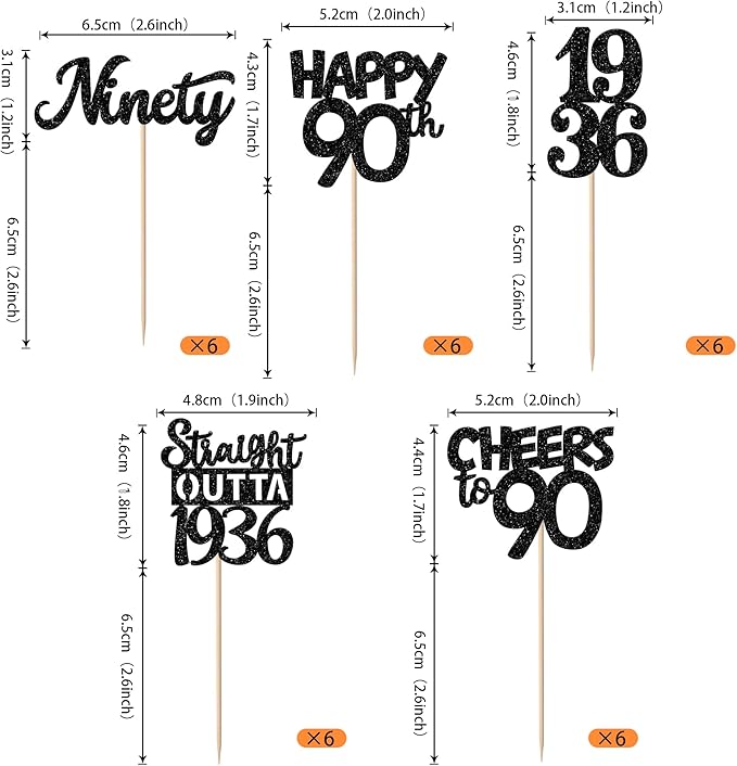 30PCS Black 90th Birthday Cupcake Toppers Glitter Nighty 90 Fabulous Happy 90 Straight Outta 1936 Cupcake Picks for 90th Birthday Anniversary Party Cake Decorations Supplies