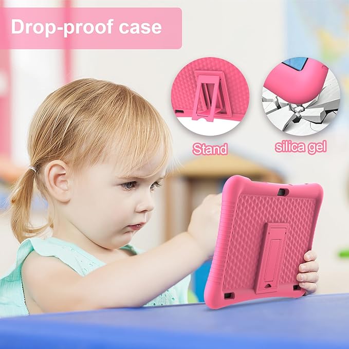 Kids Tablet 10 inch Android 13 with Shockproof Case, Quad-Core 32GB, 512GB Expandable, Parental Control, Pre-Installed Apps, 6000mAh Battery, Gifts for 3-12 Year Olds（Pink）
