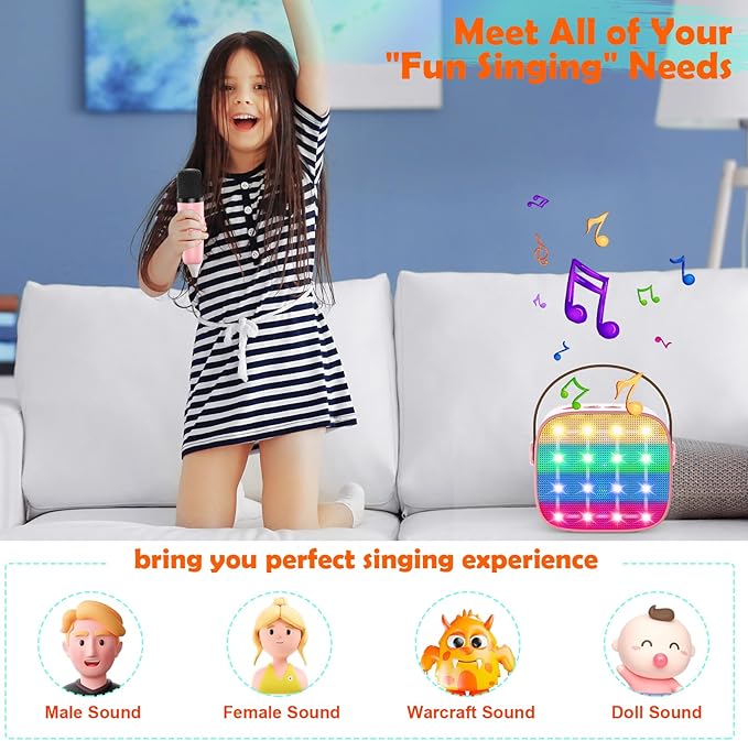 Bluetooth Karaoke Machine Toy for Kids- Mini Karaoke with 2 Wireless Microphone, Voice Changer & LED Lights, Portable Karaoke Mic for 3-8 Year Old Girls, Great for Birthday Home Party