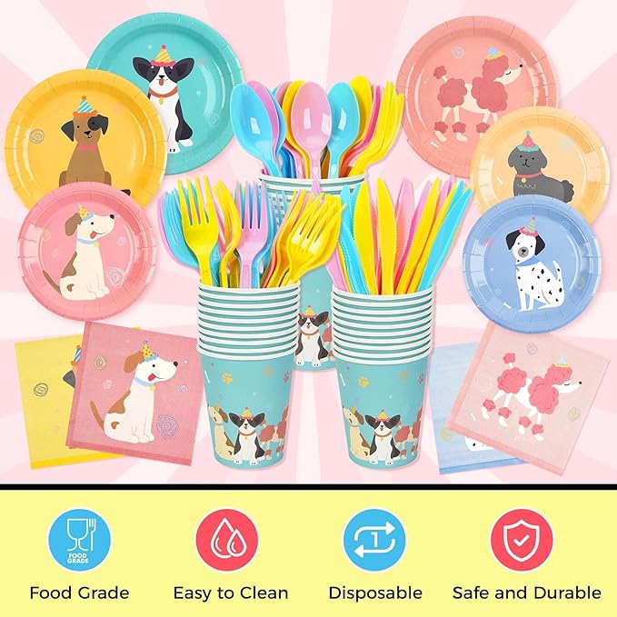 185 Pcs Pet Dog Birthday Party Decorations, Pet Dog Birthday Party Supplies Retro Puppy Themed Paper Plates Napkins Disposable Vintage Dog Tableware Set Serves 24, for Kids Birthday Baby Shower Decor