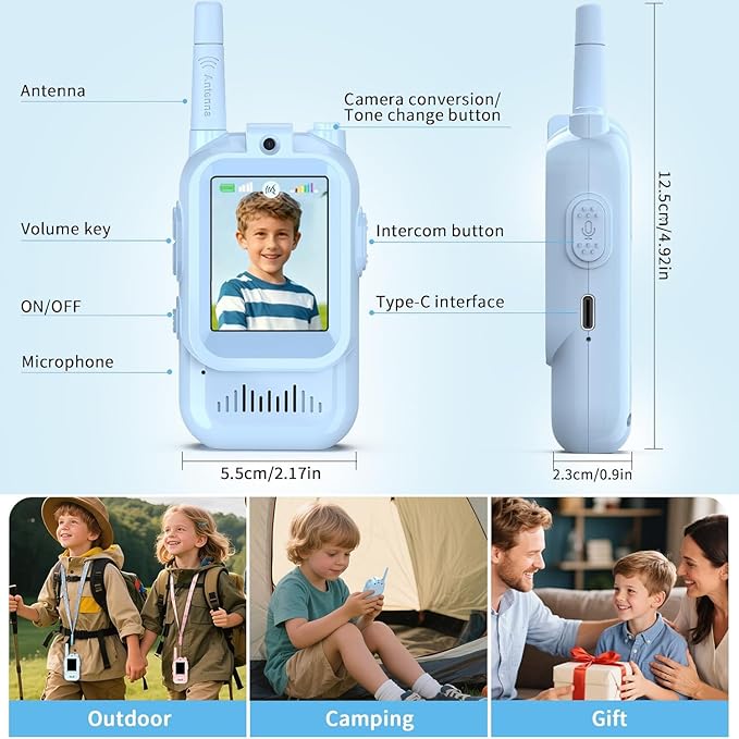 Video Walkie Talkies for Kids Rechargeable, 2 Pack Camera with Screen, Long Range Voice Changer Intercom Toys for Boys Girls 3-12, Outdoor Camping Hiking Christmas Birthday Gifts (Blue+Pink)